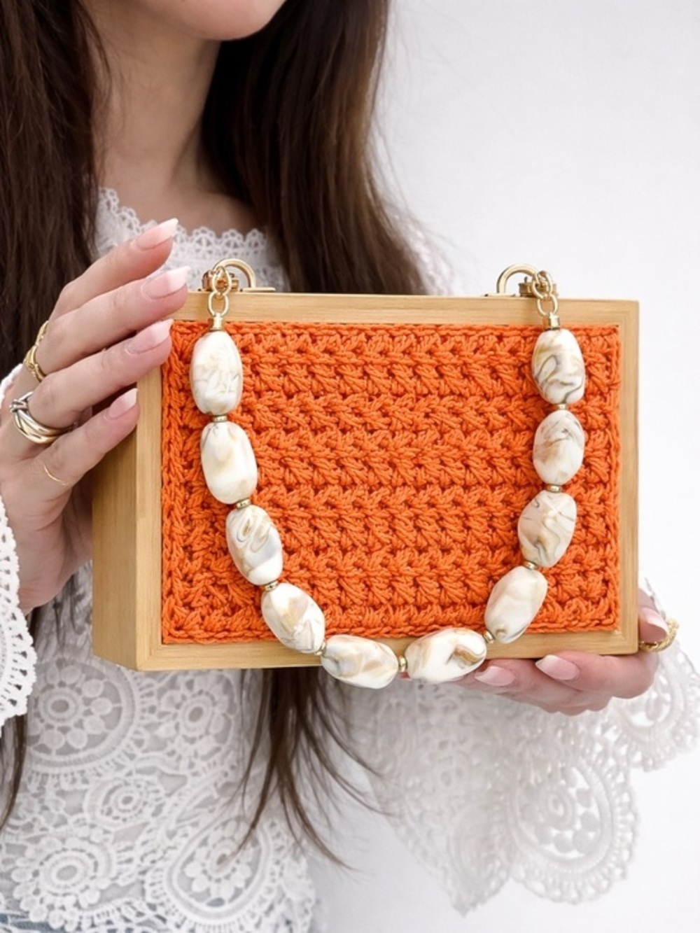 🌿 Orange Wood Box Bag Boho Chic Clutch Purse Bag 🌿